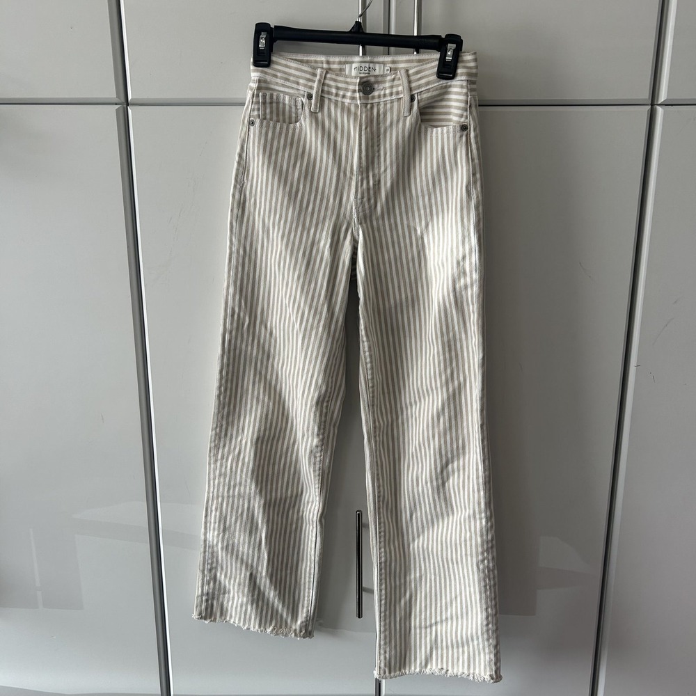 Hidden Los Angeles Logan Dad Jeans Tan White Striped Raw Hem Size 25 BK9632D